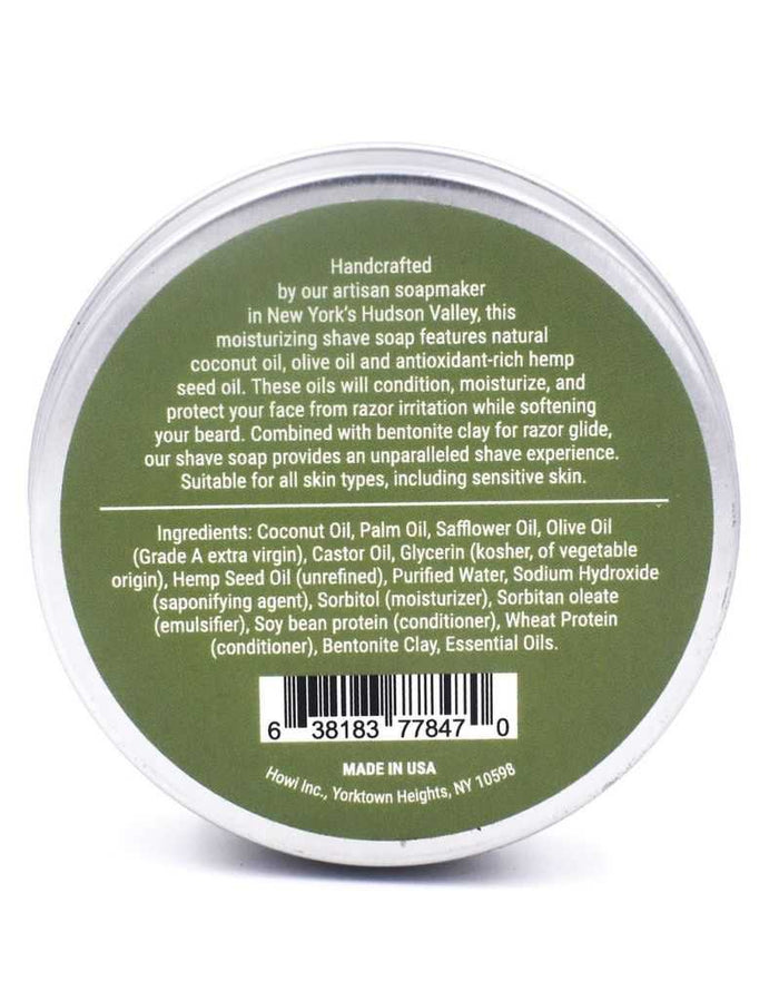 Back of Taconic Urban Woods shaving soap tin with ingredients and barcode