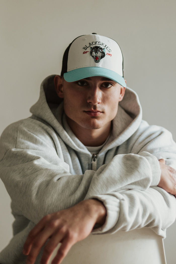 Blackskies-Traditional-Tattoo-Trucker-Cap-Panther-White-Black-Blue-Model-2