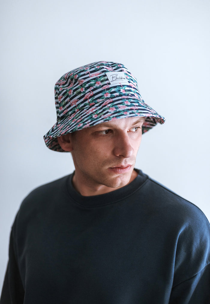 Blackskies-Tropical-Flamingo-Bucket-Hat-Blue-White-Striped-Model