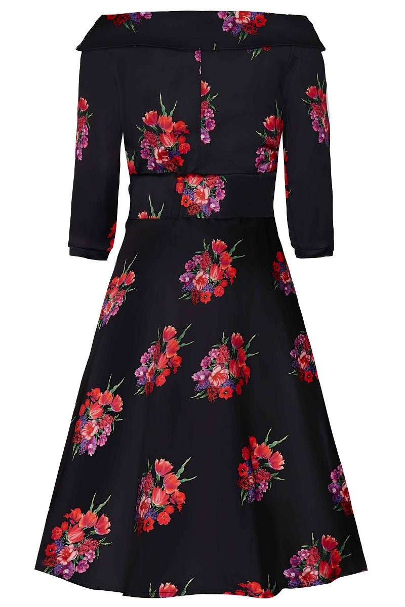 Deborah Long Sleeves Swing Dress in Black with Pink Flowers