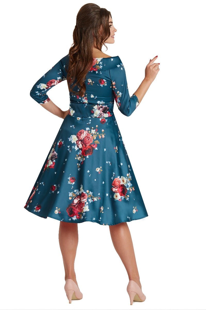 Deborah Long Sleeves Swing Tea Dress Teal Blue Red & Pink Roses