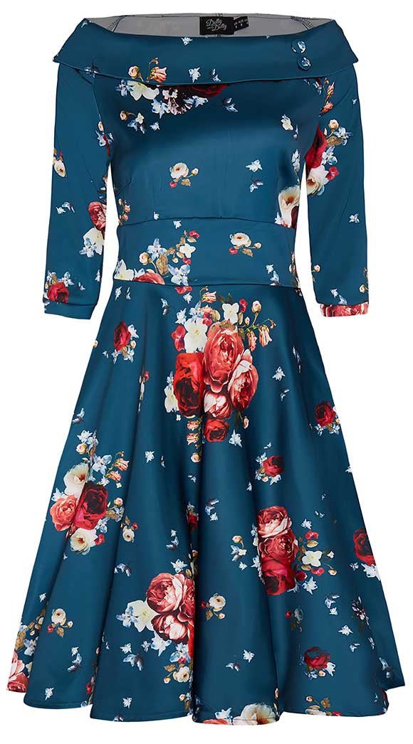 Deborah Long Sleeves Swing Tea Dress Teal Blue Red & Pink Roses