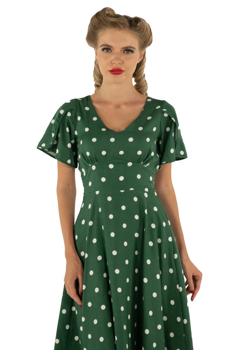 Janice V-Neck Flared Tea Dress in Green Polka Dot Print