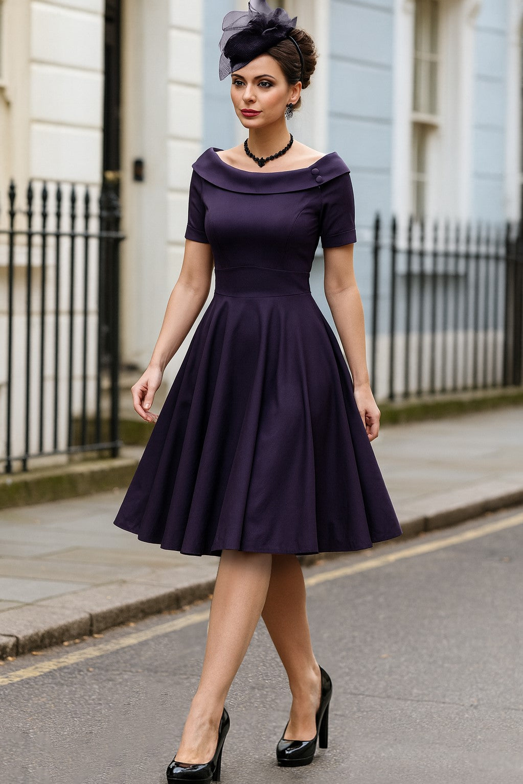 Darlene Navy Blue Roll Collar Circle Dress