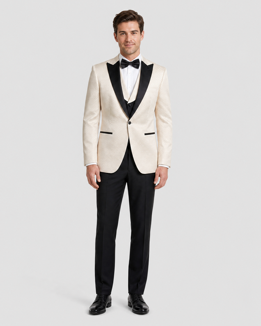 Vitali Mens Champagne Textured Slim Fit Peak Lapel 3 Piece Tuxedo Suit - The Suit Depot