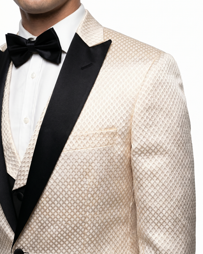 Vitali Mens Champagne Textured Slim Fit Peak Lapel 3 Piece Tuxedo Suit - The Suit Depot